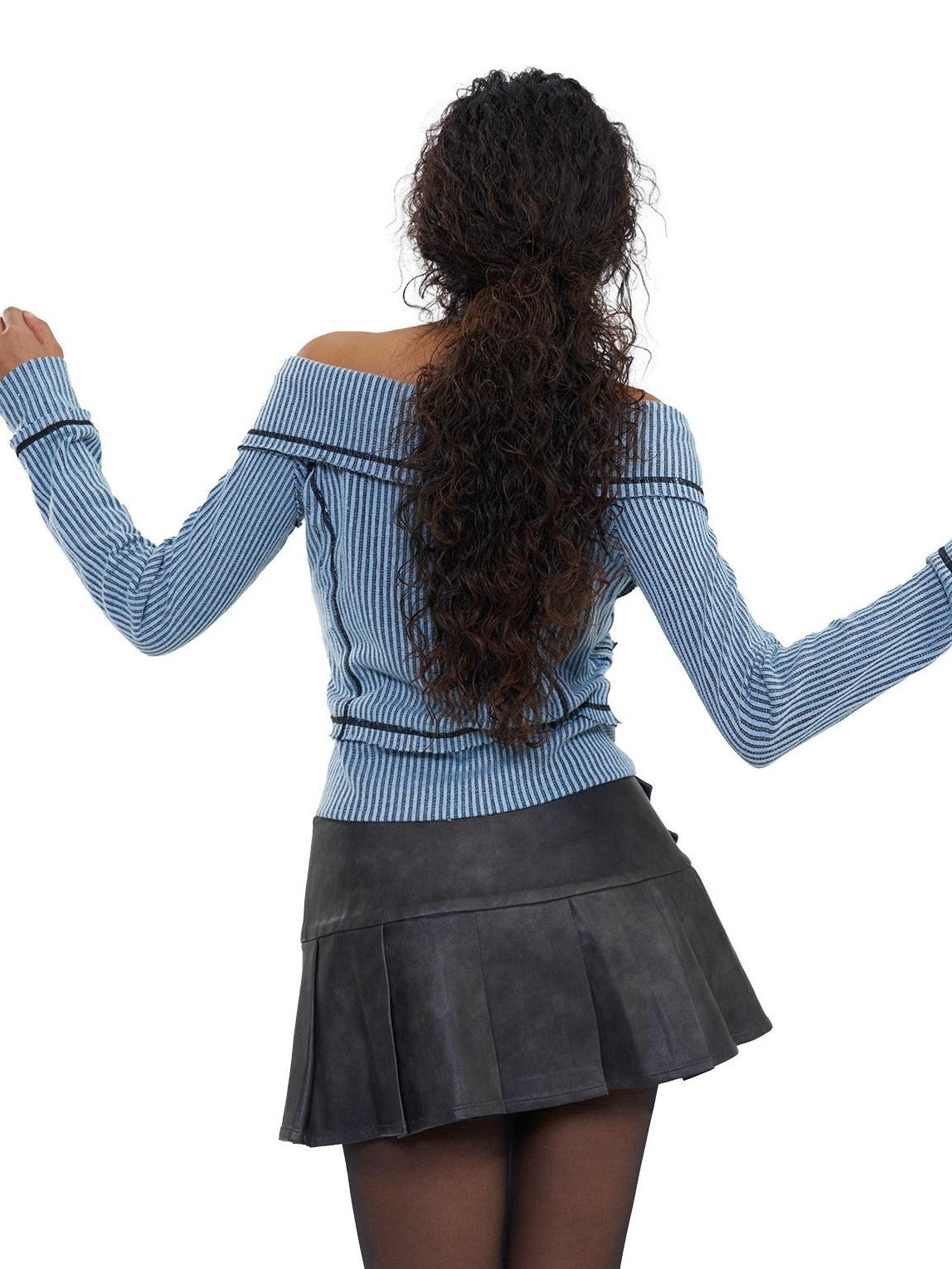 NextPassport MOF Grey Brown Ombre Wide Pleated Double Belt Women's Pu Leather Skirts