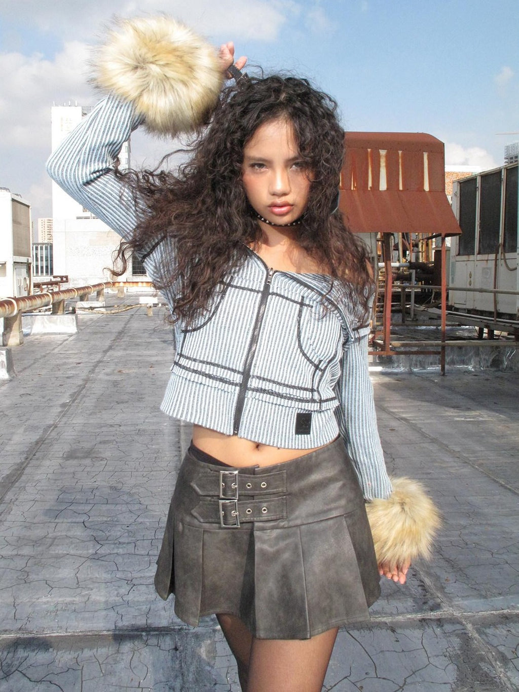 NextPassport MOF Grey Brown Ombre Wide Pleated Double Belt Women's Pu Leather Skirts
