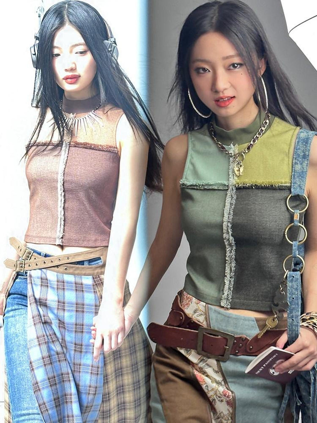 NextPassport MOF Grid Check Denim Patchwork Mesh Mockneck Women's Spandex Tank Tops