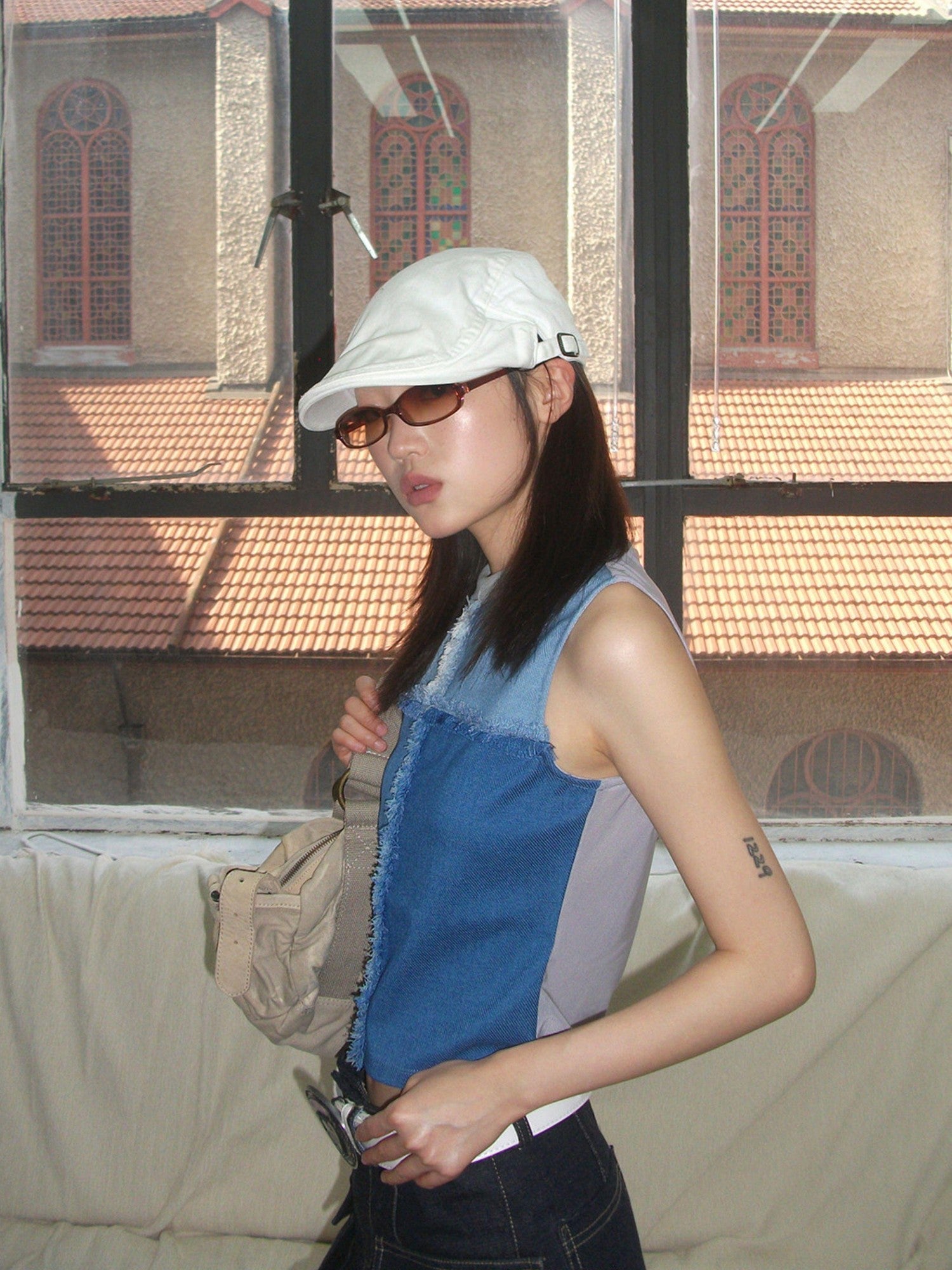 NextPassport MOF Grid Check Denim Patchwork Mesh Mockneck Women's Spandex Tank Tops