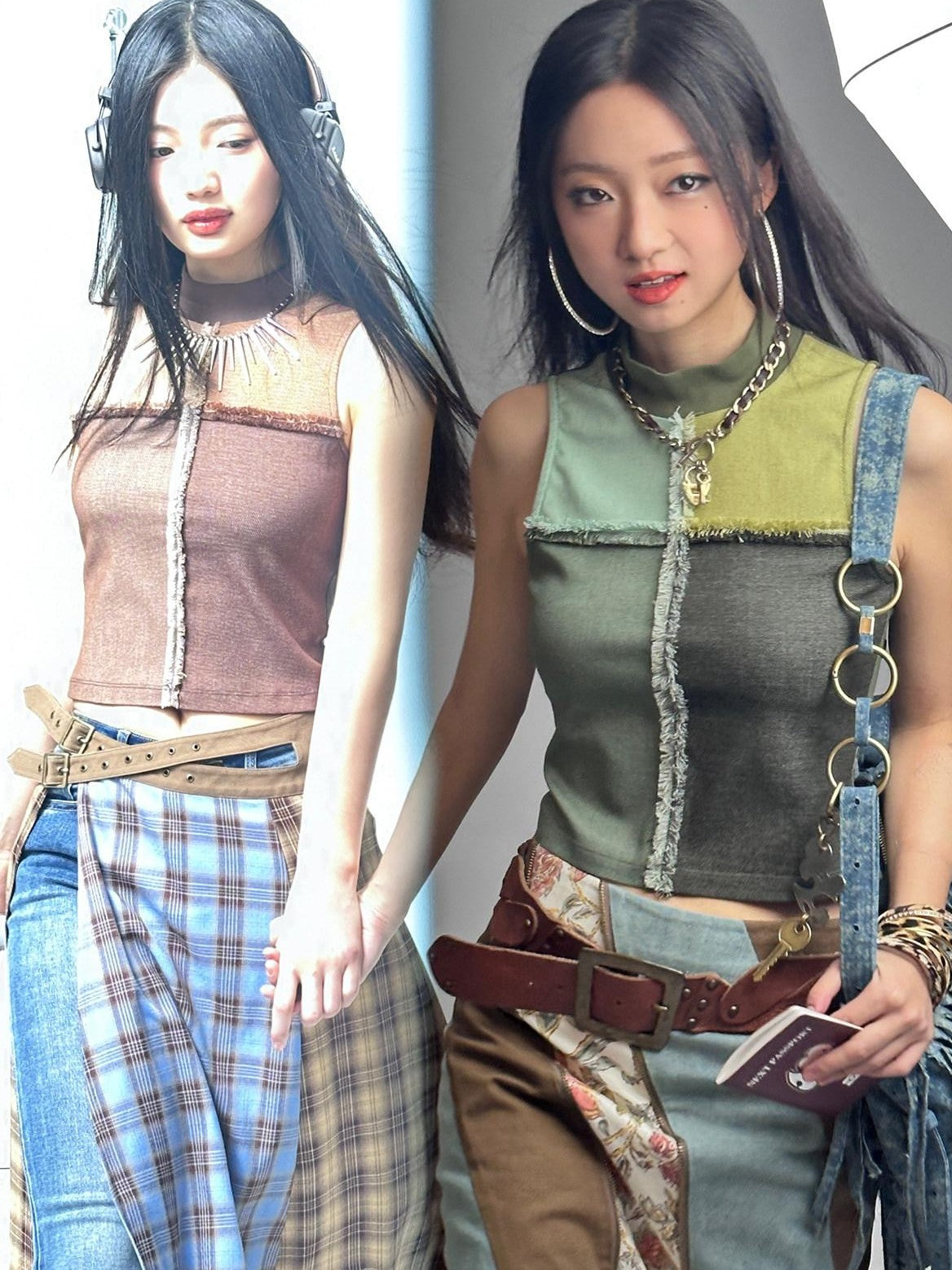 NextPassport MOF Grid Check Denim Patchwork Mesh Mockneck Women's Spandex Tank Tops