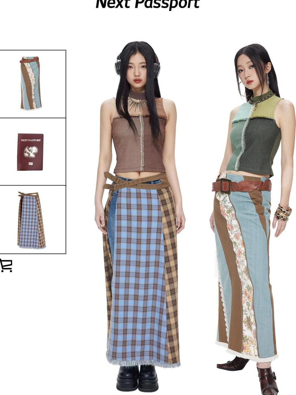 NextPassport MOF Grid Check Denim Patchwork Mesh Mockneck Women's Spandex Tank Tops