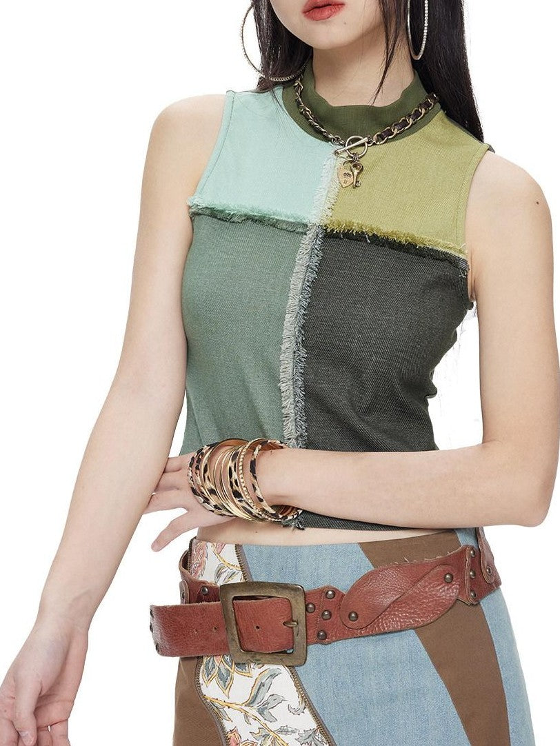 NextPassport MOF Grid Check Denim Patchwork Mesh Mockneck Women's Spandex Tank Tops