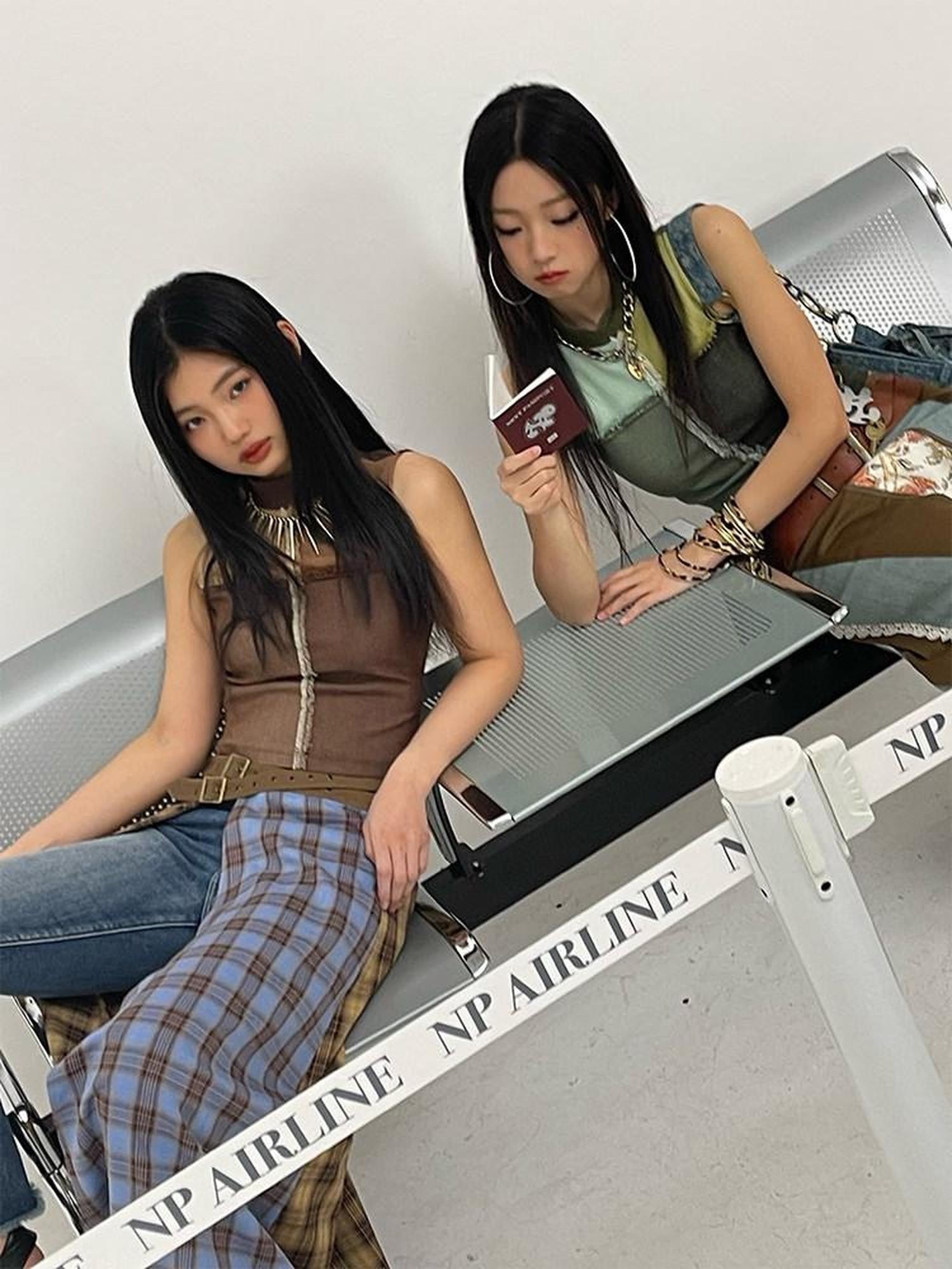 NextPassport MOF Grid Check Denim Patchwork Mesh Mockneck Women's Spandex Tank Tops