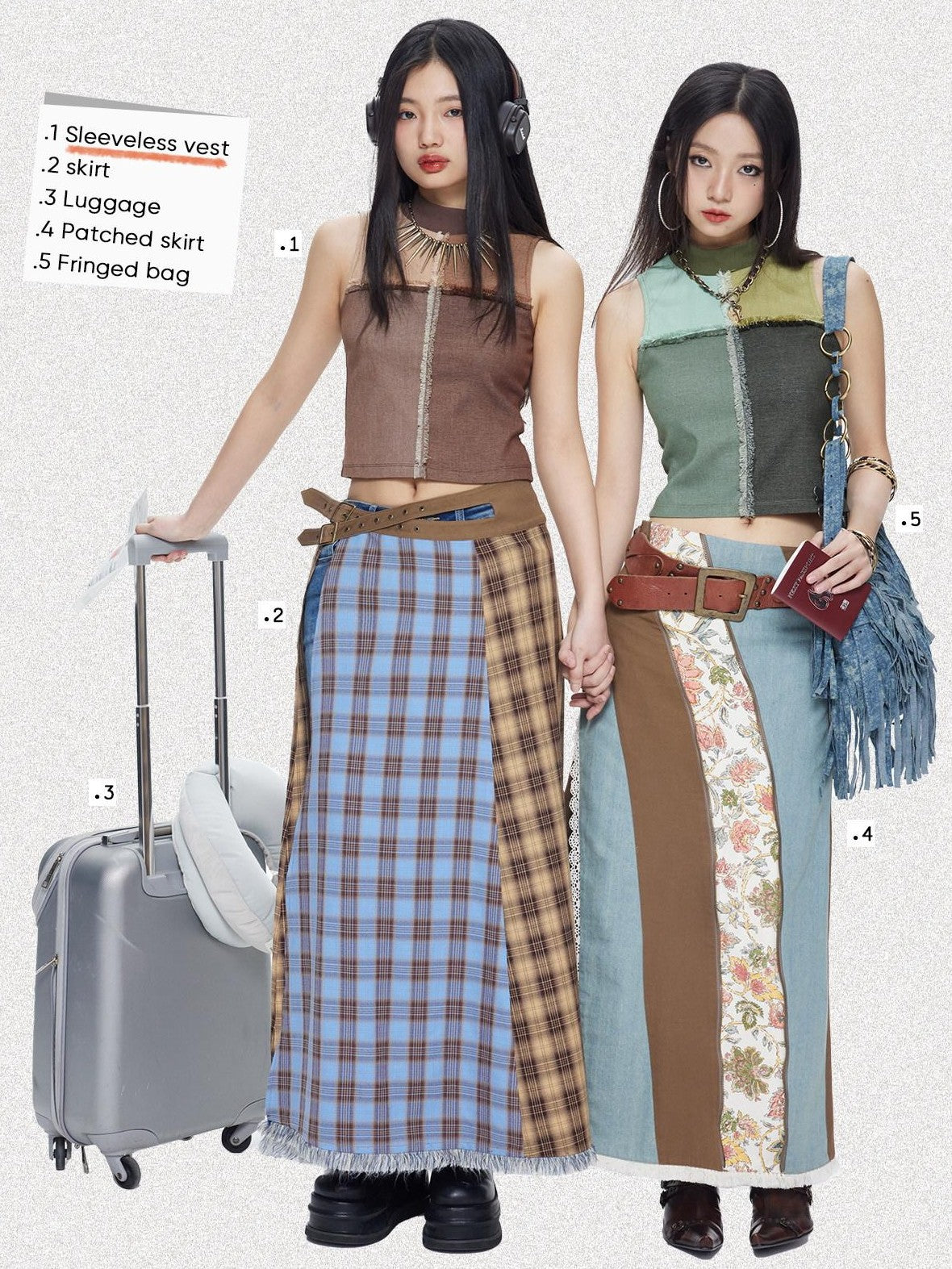 NextPassport MOF Grid Check Denim Patchwork Mesh Mockneck Women's Spandex Tank Tops
