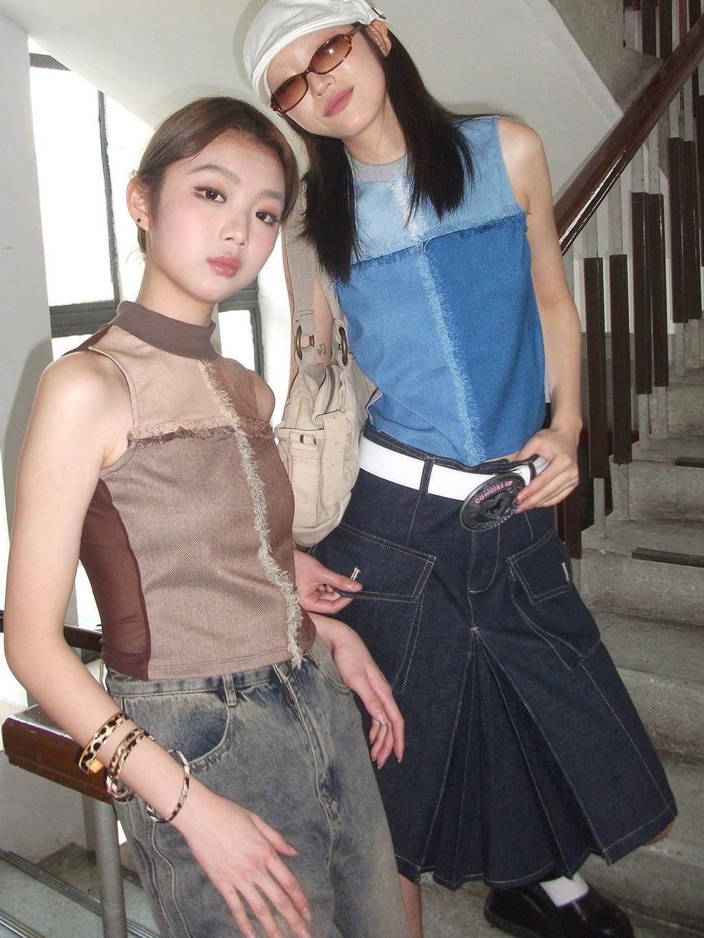 NextPassport MOF Grid Check Denim Patchwork Mesh Mockneck Women's Spandex Tank Tops