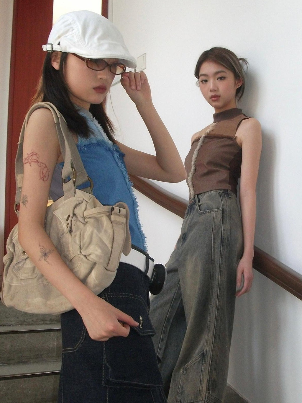 NextPassport MOF Grid Check Denim Patchwork Mesh Mockneck Women's Spandex Tank Tops