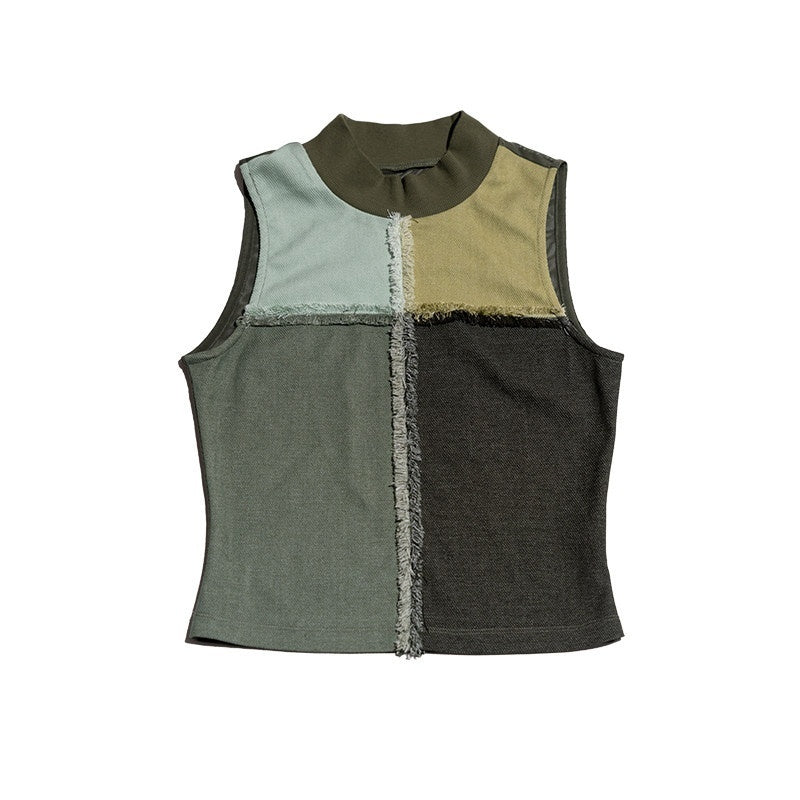 NextPassport_MOF_Grid_Denim_Patch_Mesh_Mock_Neck_Zippered_Loose_Women's_Spandex_Tank_Tops_935604069400_MISSTT