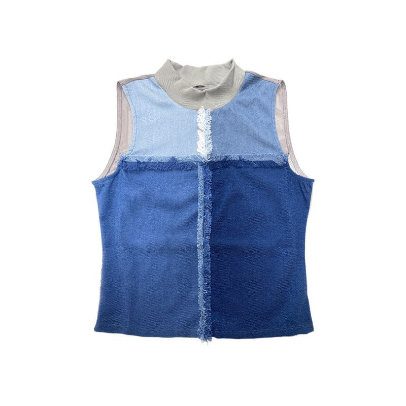 NextPassport_MOF_Grid_Denim_Patch_Mesh_Mock_Neck_Zippered_Loose_Women's_Spandex_Tank_Tops_935604069400_MISSTT