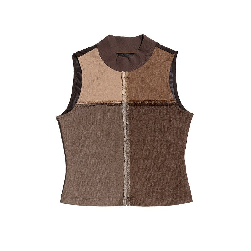 NextPassport_MOF_Grid_Denim_Patch_Mesh_Mock_Neck_Zippered_Loose_Women's_Spandex_Tank_Tops_935604069400_MISSTT