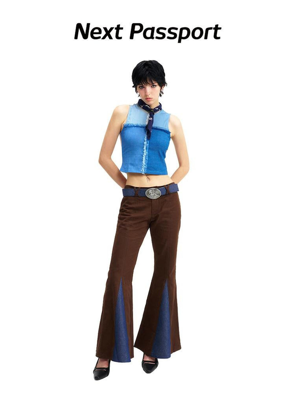 NextPassport MOF Grid Denim Patch Mesh Mock Neck Zippered Loose Women's Spandex Tank Tops
