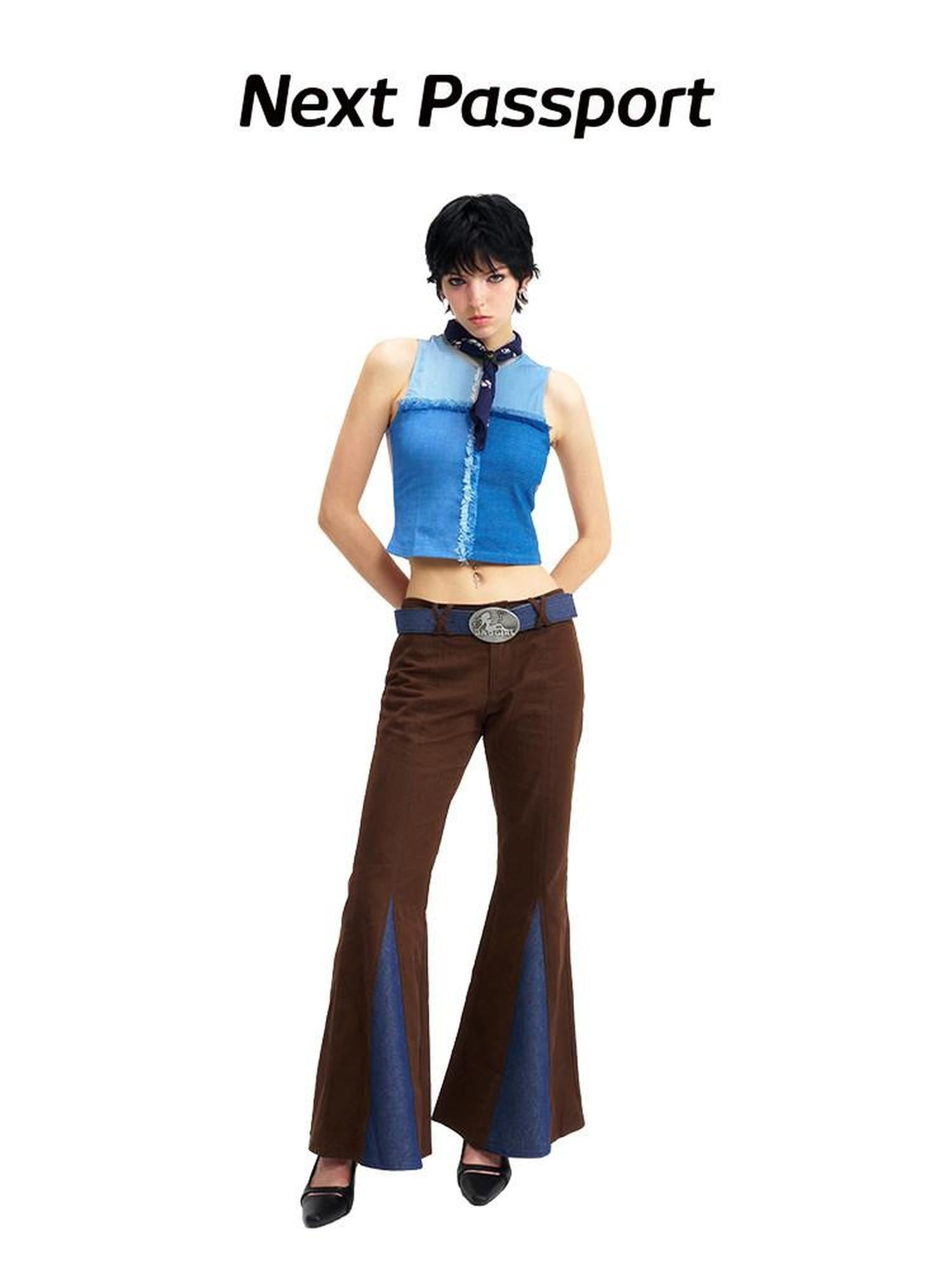 NextPassport MOF Grid Denim Patch Mesh Mock Neck Zippered Loose Women's Spandex Tank Tops