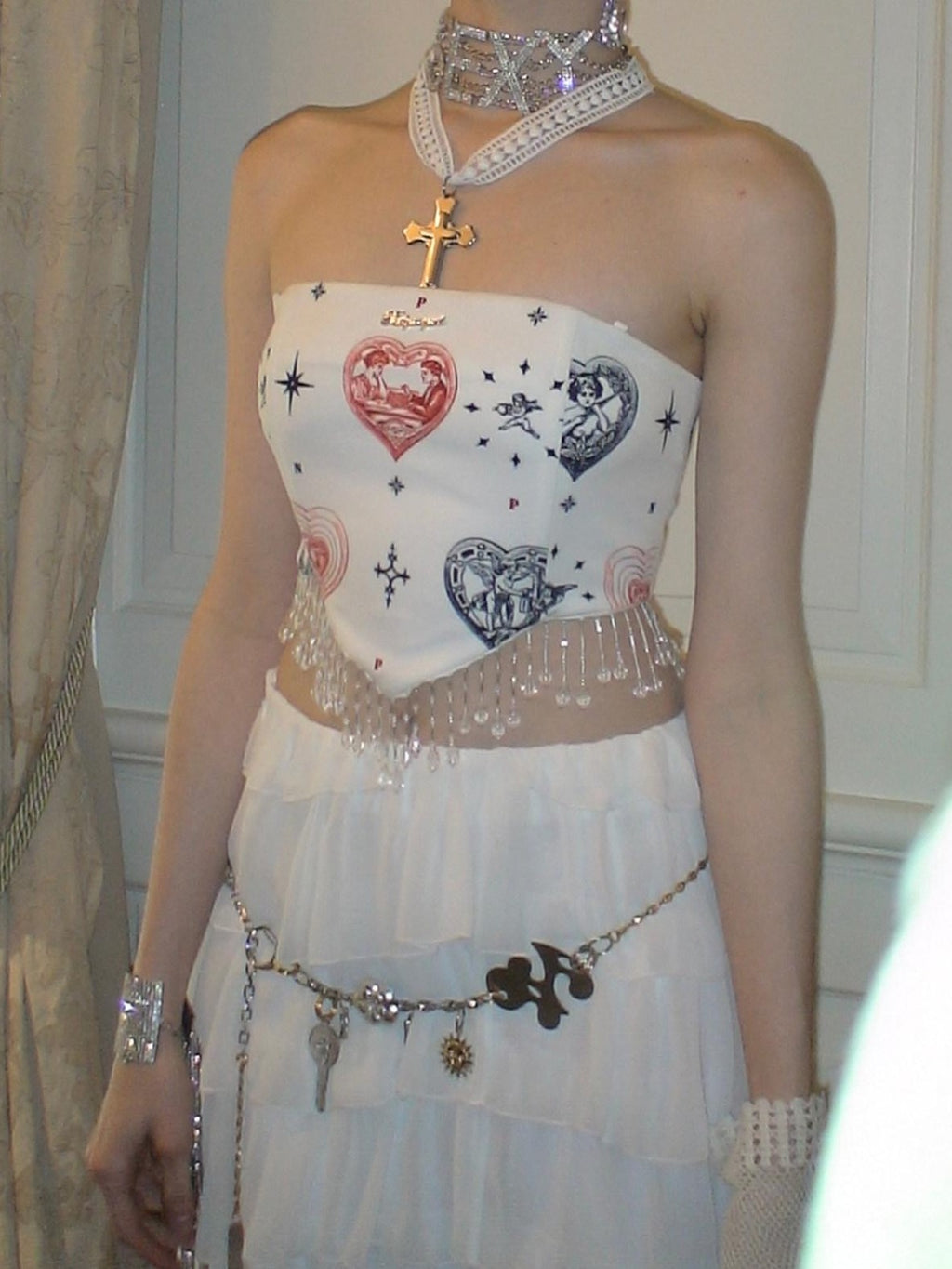 NextPassport MOF Heart Print Fishbone Boned Pendant Strap Women's Polyester Corset Tops