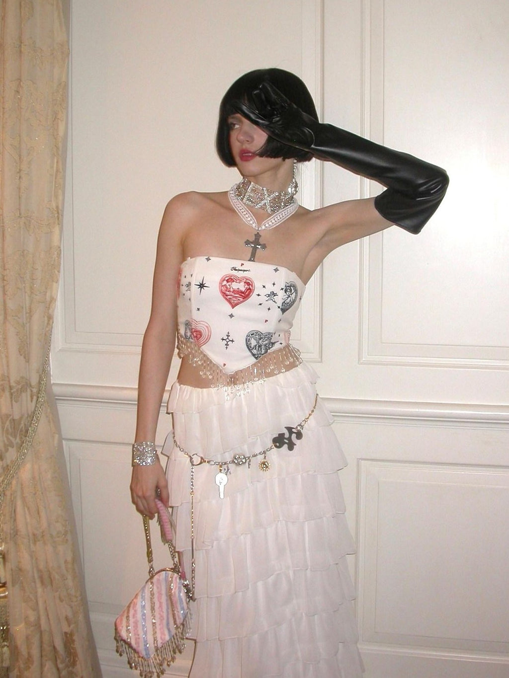 NextPassport MOF Heart Print Fishbone Boned Pendant Strap Women's Polyester Corset Tops