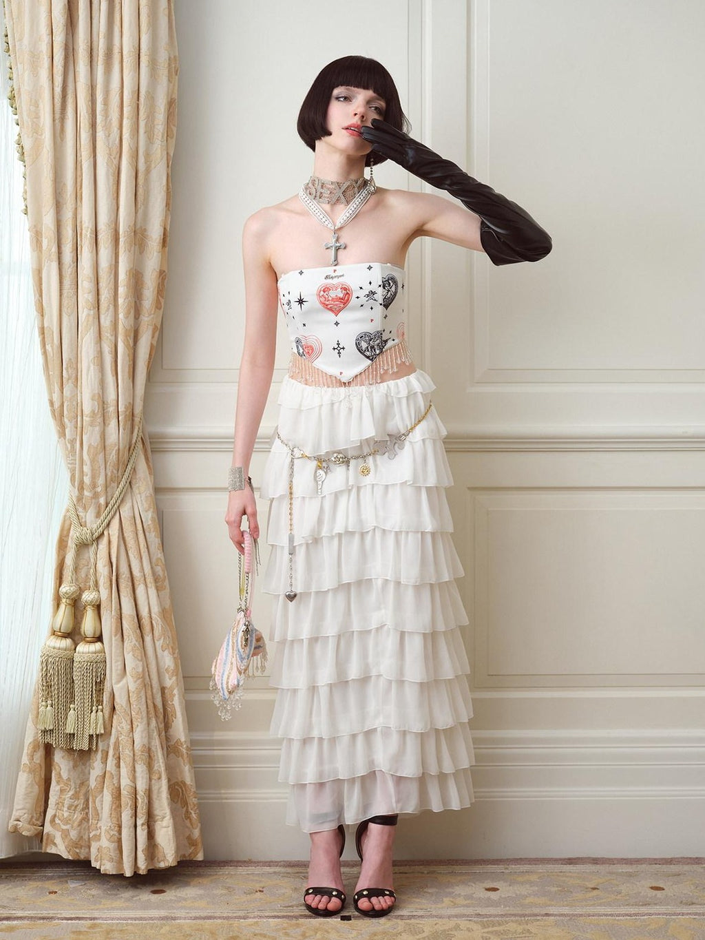 NextPassport MOF Heart Print Fishbone Boned Pendant Strap Women's Polyester Corset Tops
