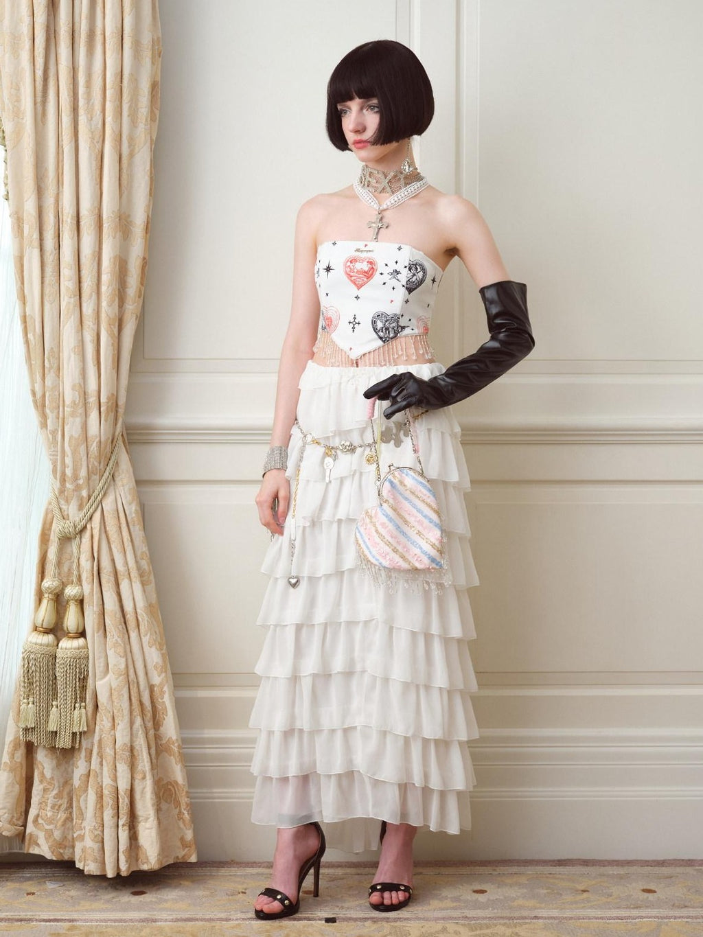 NextPassport MOF Heart Print Fishbone Boned Pendant Strap Women's Polyester Corset Tops
