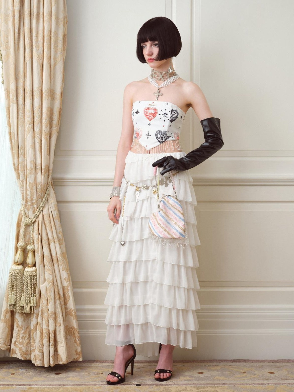 NextPassport MOF Heart Print Fishbone Boned Pendant Strap Women's Polyester Corset Tops