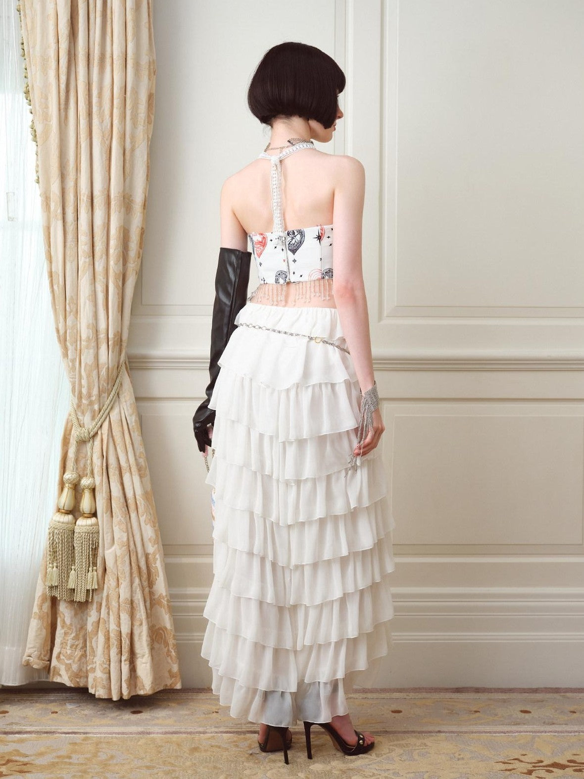 NextPassport MOF Heart Print Fishbone Boned Pendant Strap Women's Polyester Corset Tops