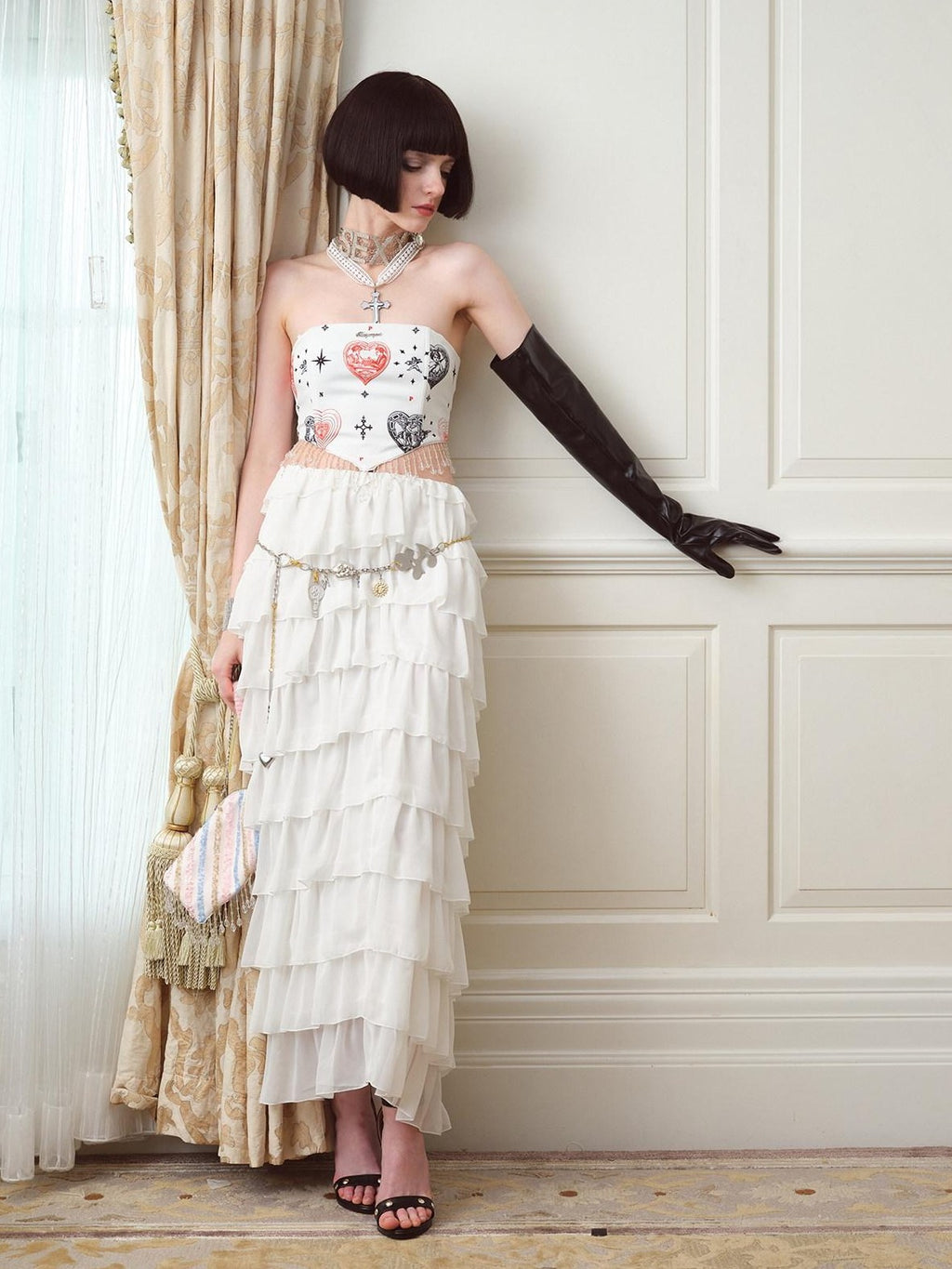 NextPassport MOF Heart Print Fishbone Boned Pendant Strap Women's Polyester Corset Tops