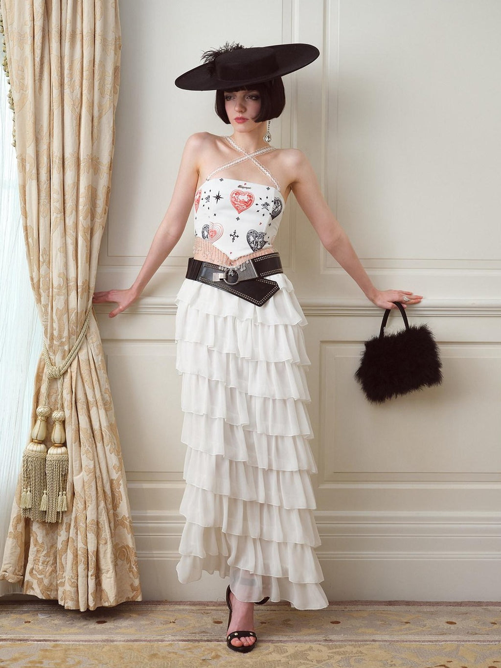 NextPassport MOF Heart Print Fishbone Boned Pendant Strap Women's Polyester Corset Tops