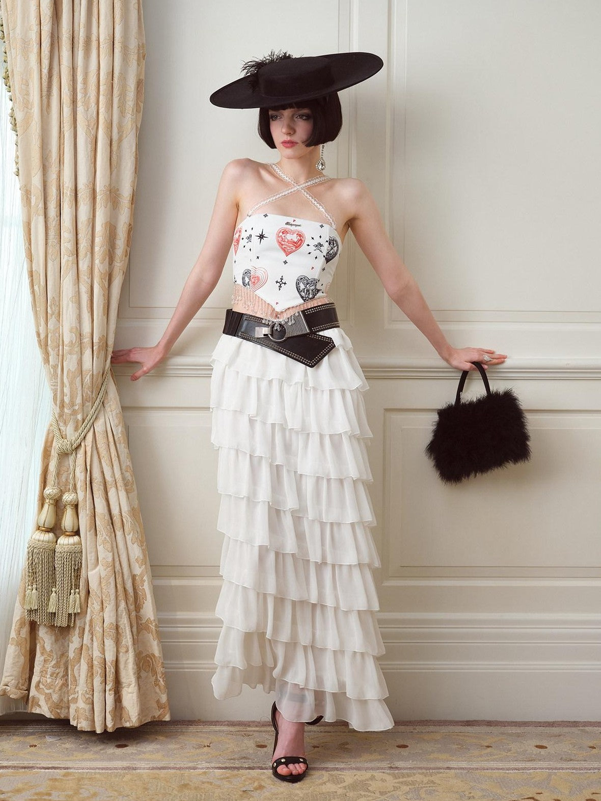 NextPassport MOF Heart Print Fishbone Boned Pendant Strap Women's Polyester Corset Tops