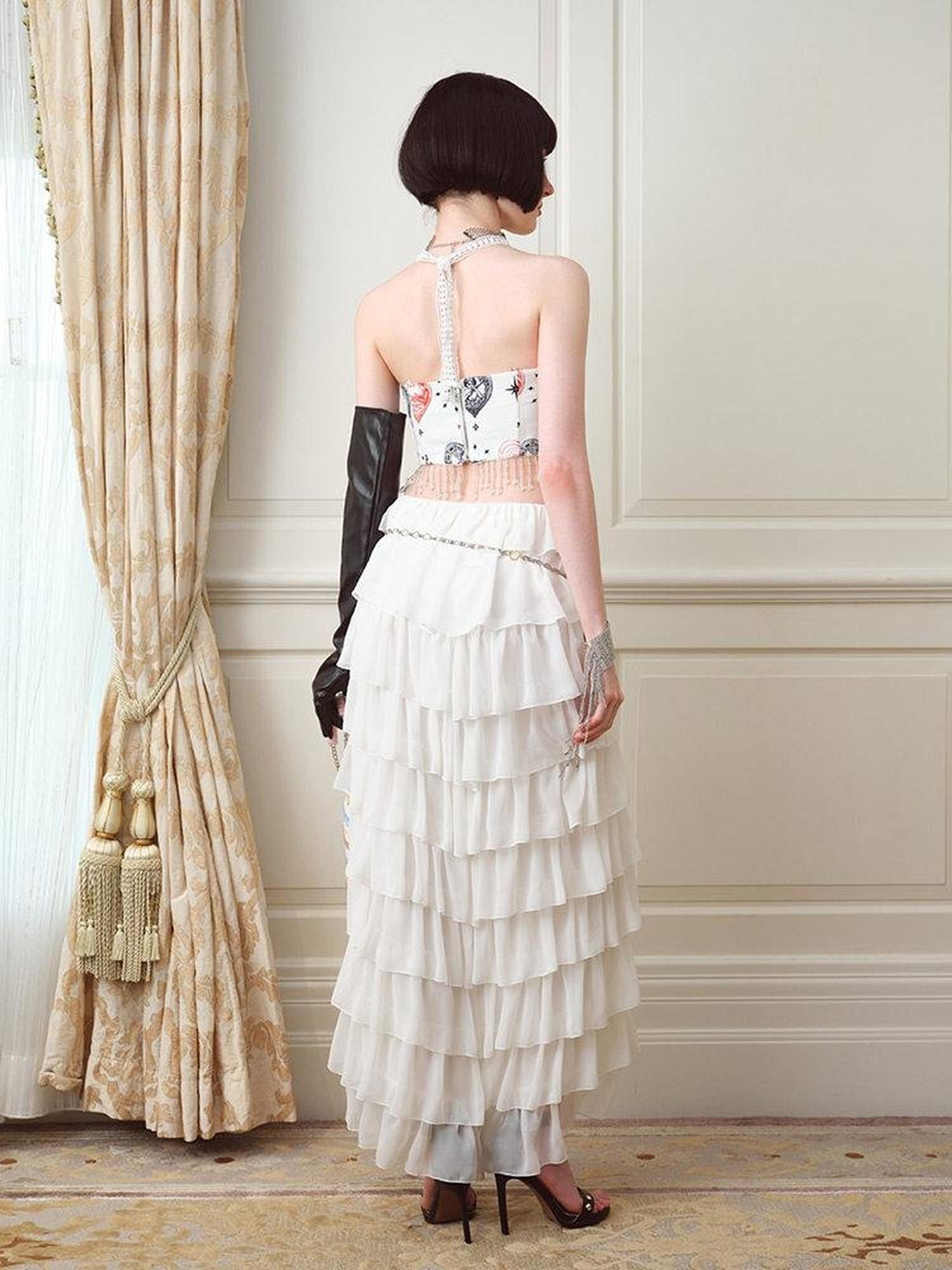 NextPassport MOF Heart Print Fishbone Boned Pendant Strap Women's Polyester Corset Tops
