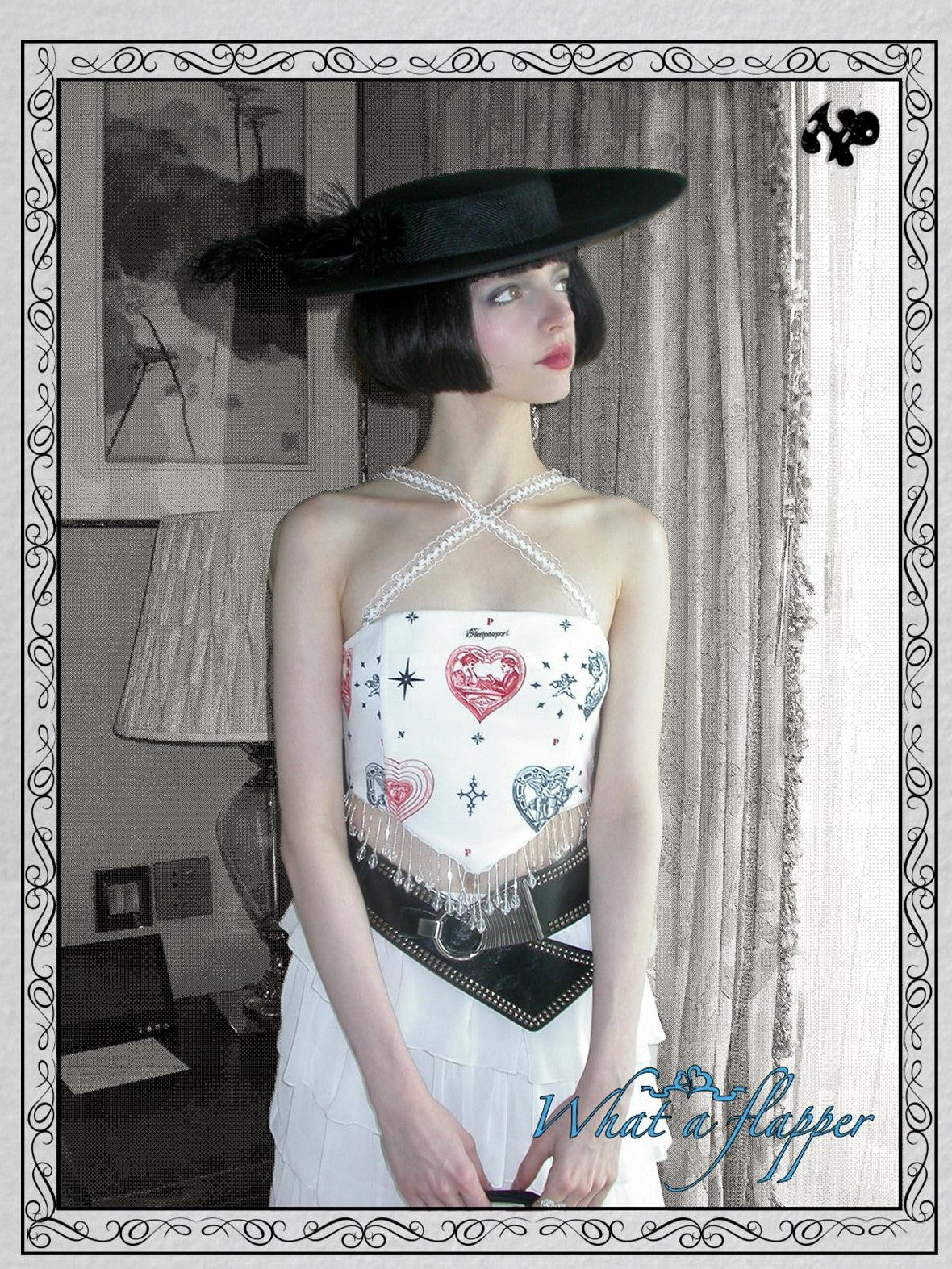 NextPassport MOF Heart Print Fishbone Boned Pendant Strap Women's Polyester Corset Tops