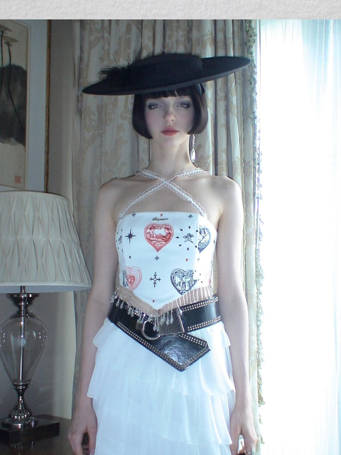 NextPassport MOF Heart Print Fishbone Boned Pendant Strap Women's Polyester Corset Tops