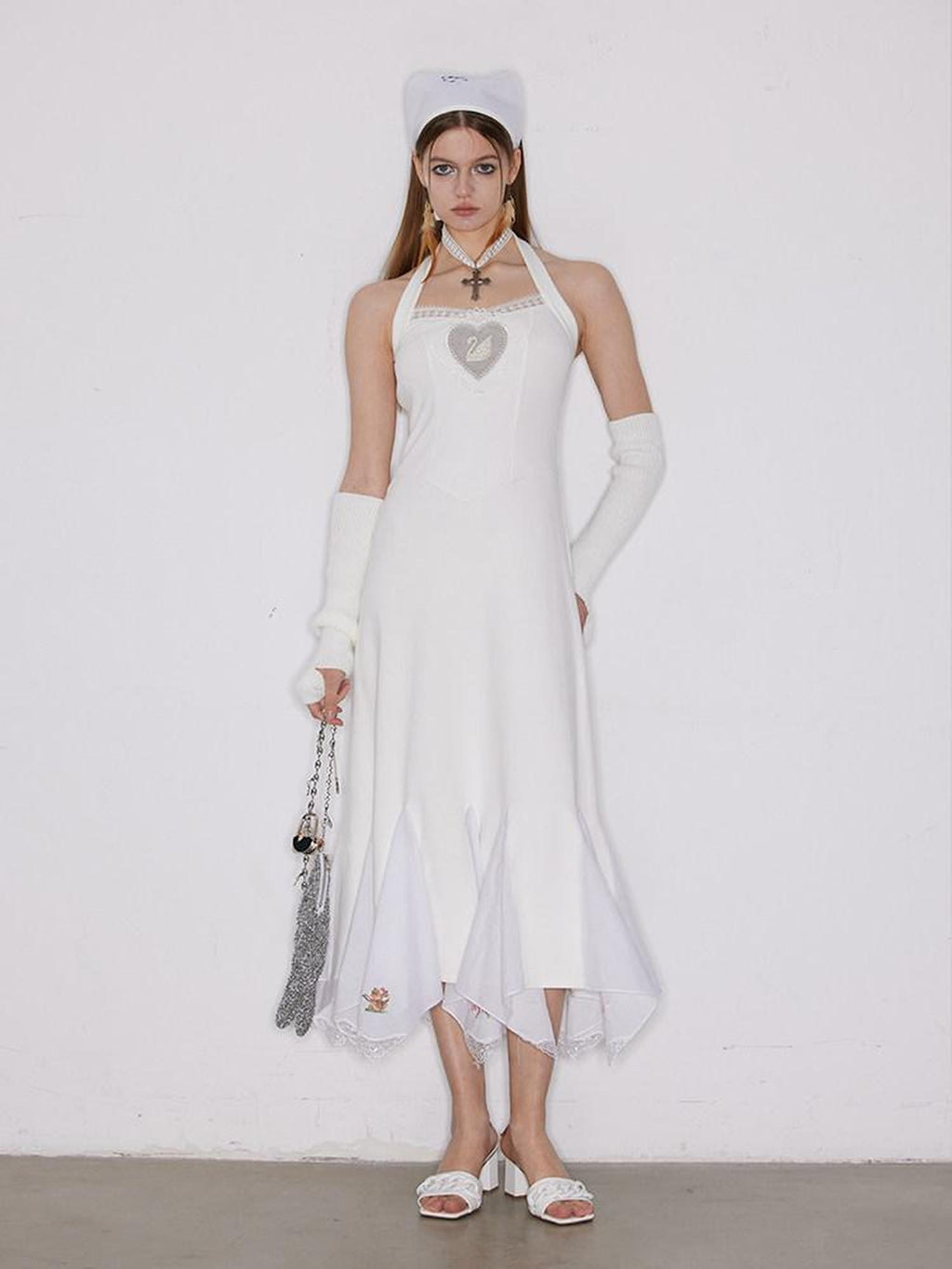 NextPassport MOF Ivory Swan Embroidered Lace Ruffle Mermaid Women's Cotton Halter Maxi Dresses