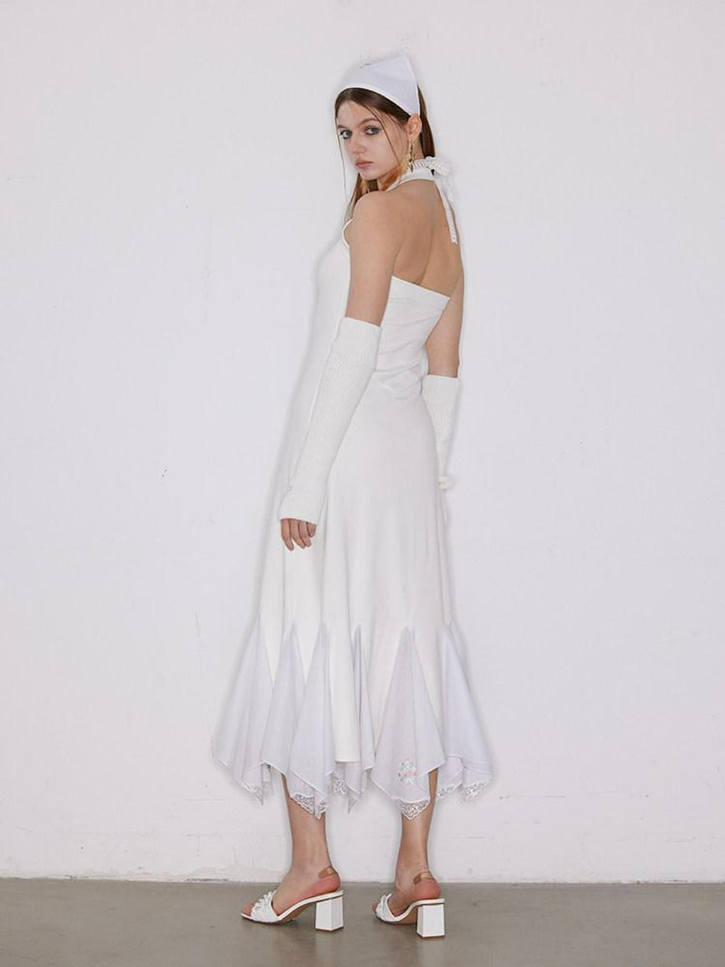 NextPassport MOF Ivory Swan Embroidered Lace Ruffle Mermaid Women's Cotton Halter Maxi Dresses