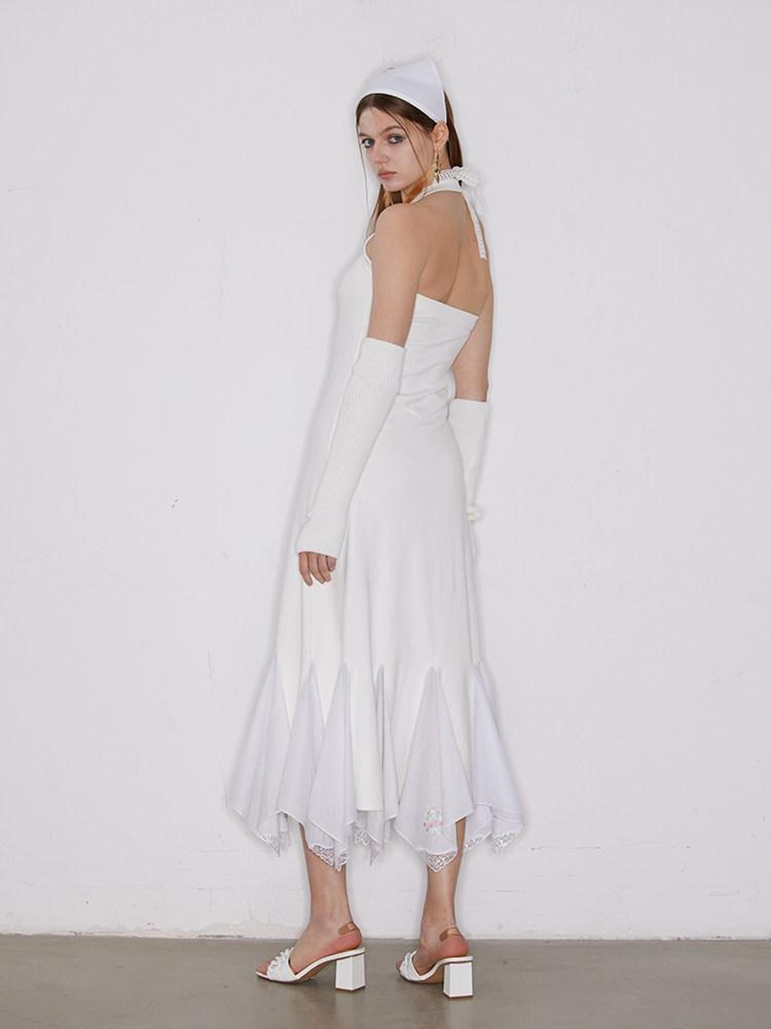 NextPassport MOF Ivory Swan Embroidered Lace Ruffle Mermaid Women's Cotton Halter Maxi Dresses