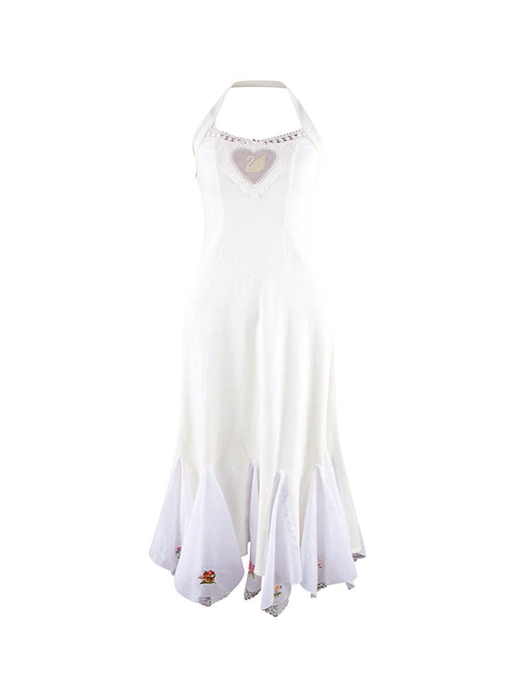 NextPassport MOF Ivory Swan Embroidered Lace Ruffle Mermaid Women's Cotton Halter Maxi Dresses
