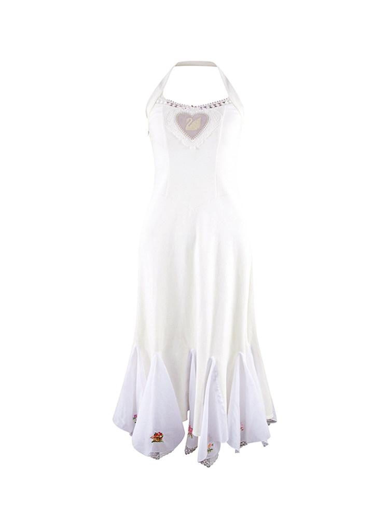 NextPassport MOF Ivory Swan Embroidered Lace Ruffle Mermaid Women's Cotton Halter Maxi Dresses