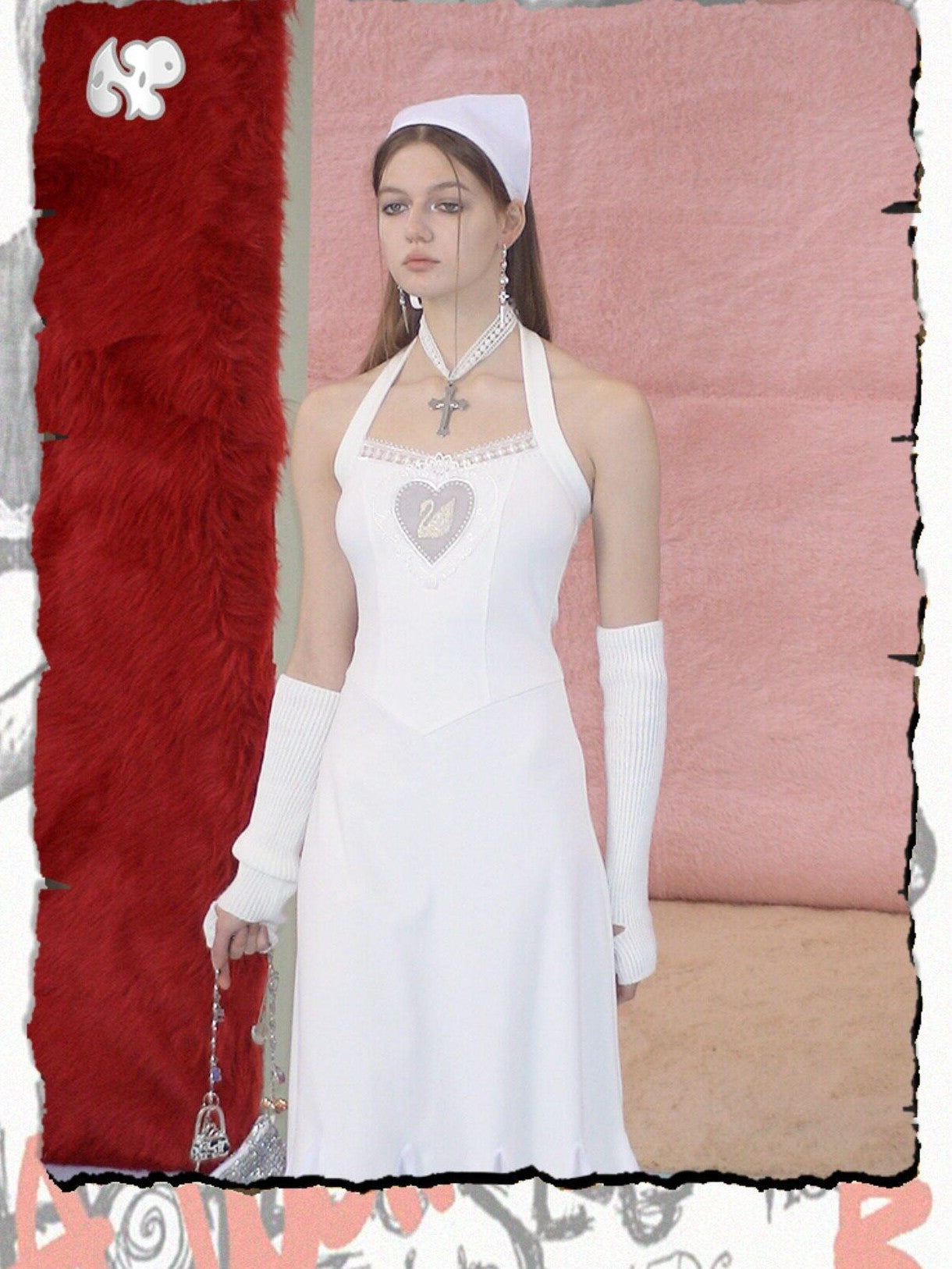 NextPassport MOF Ivory Swan Embroidered Lace Ruffle Mermaid Women's Cotton Halter Maxi Dresses