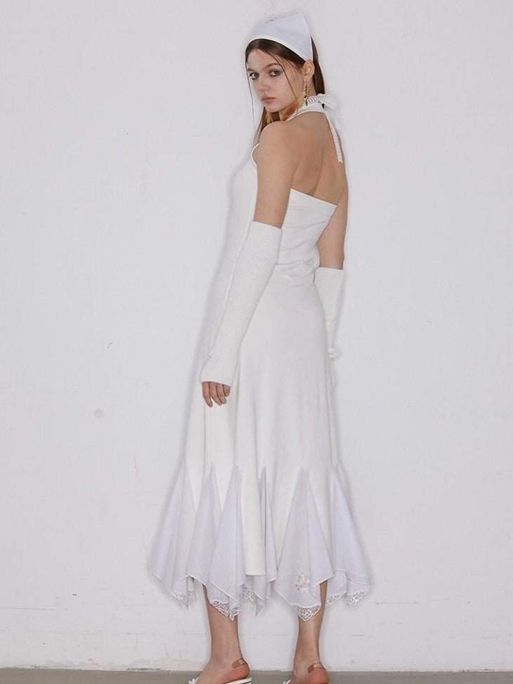 NextPassport MOF Ivory Swan Embroidered Lace Ruffle Mermaid Women's Cotton Halter Maxi Dresses