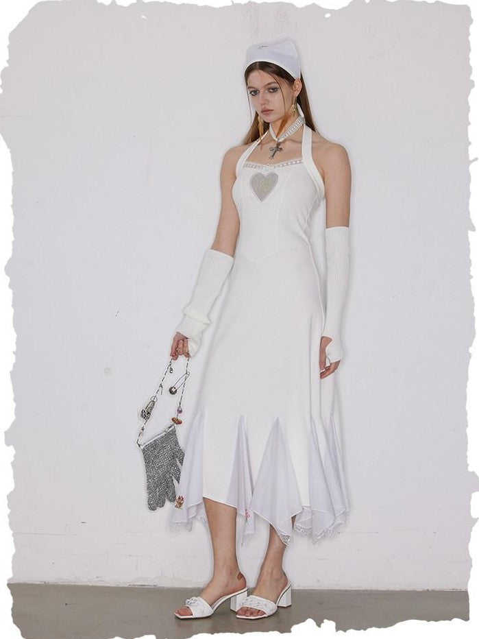 NextPassport MOF Ivory Swan Embroidered Lace Ruffle Mermaid Women's Cotton Halter Maxi Dresses
