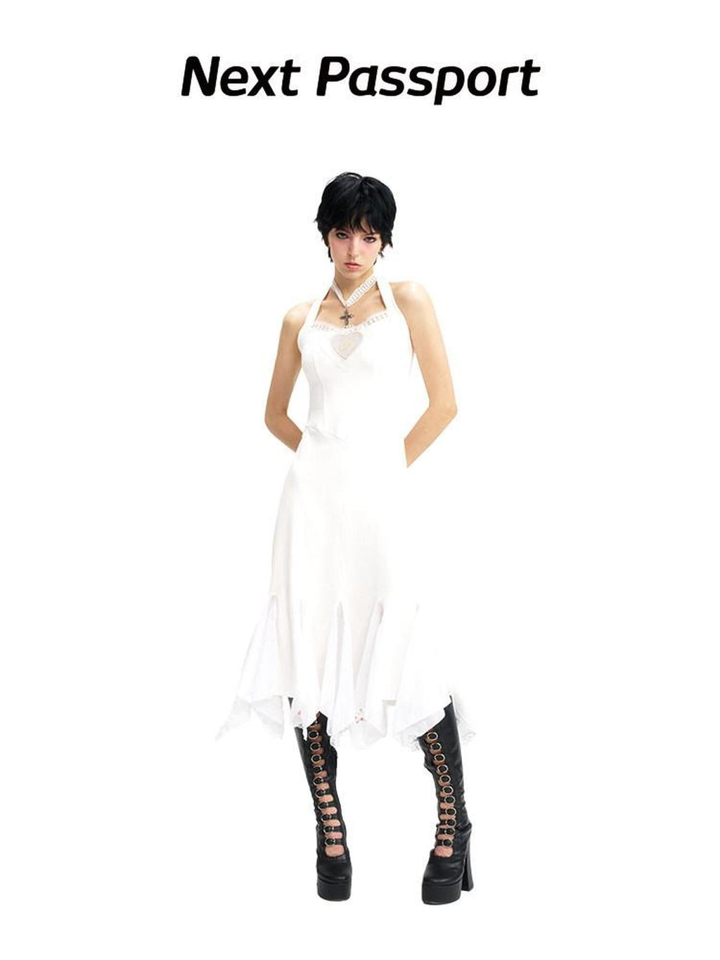 NextPassport MOF Ivory Swan Embroidery Lace Trim Ballet Hem Women's Cotton Halter Midi Dresses