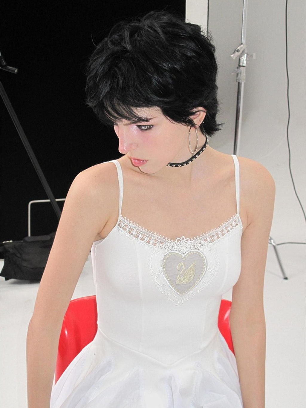 NextPassport MOF Ivory Swan Embroidery Lace Trim Ballet Hem Women's Cotton Halter Midi Dresses