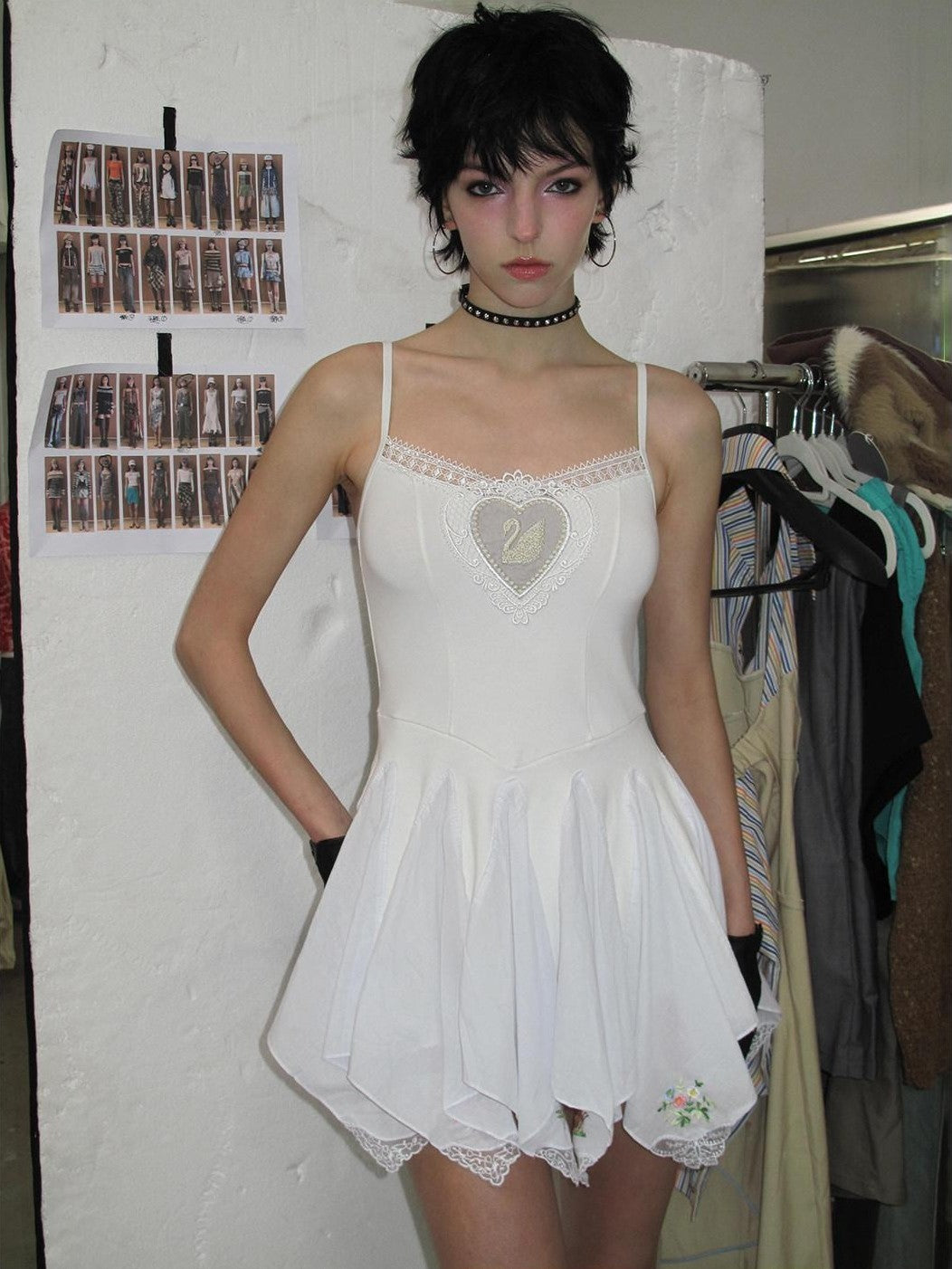 NextPassport MOF Ivory Swan Embroidery Lace Trim Ballet Hem Women's Cotton Halter Midi Dresses