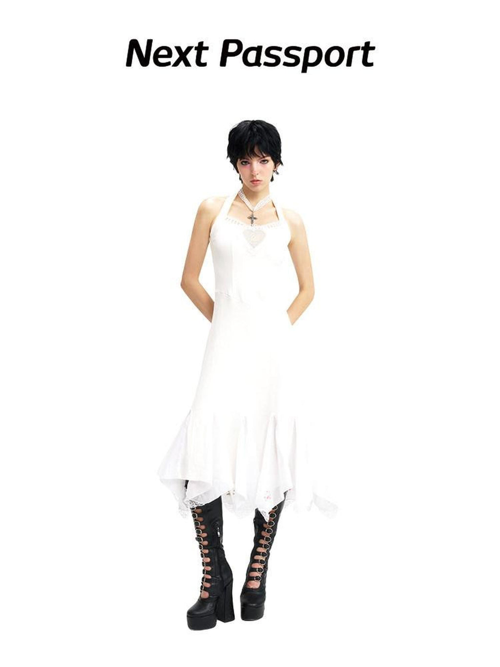 NextPassport MOF Ivory Swan Embroidery Lace Trim Ballet Hem Women's Cotton Halter Midi Dresses