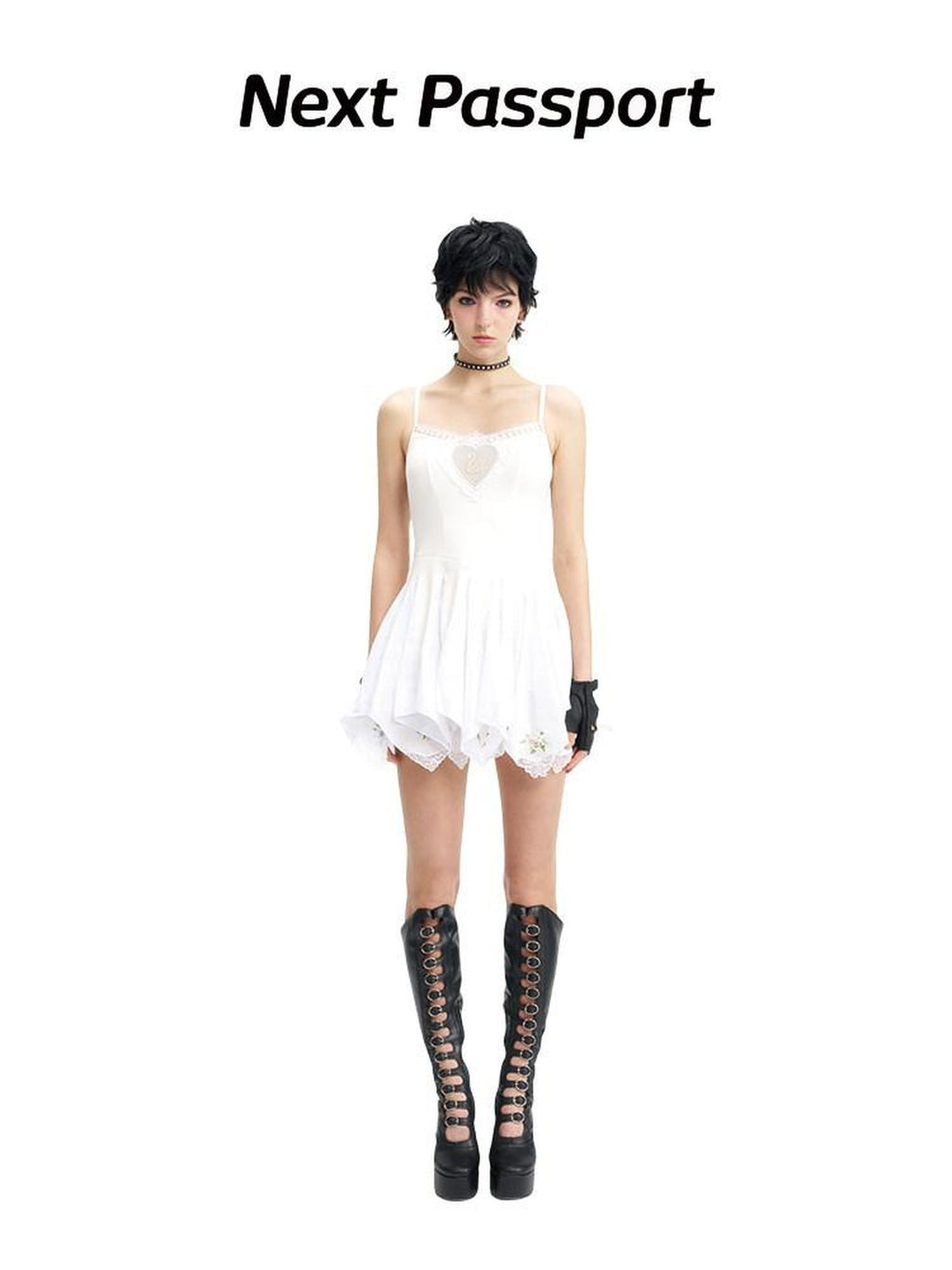 NextPassport MOF Ivory Swan Embroidery Lace Trim Ballet Hem Women's Cotton Halter Midi Dresses