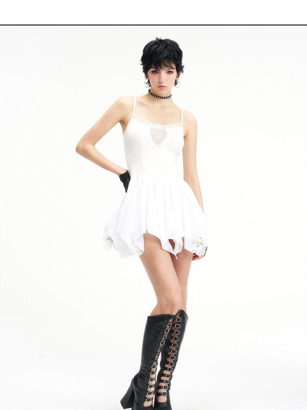 NextPassport MOF Ivory Swan Embroidery Lace Trim Ballet Hem Women's Cotton Halter Midi Dresses