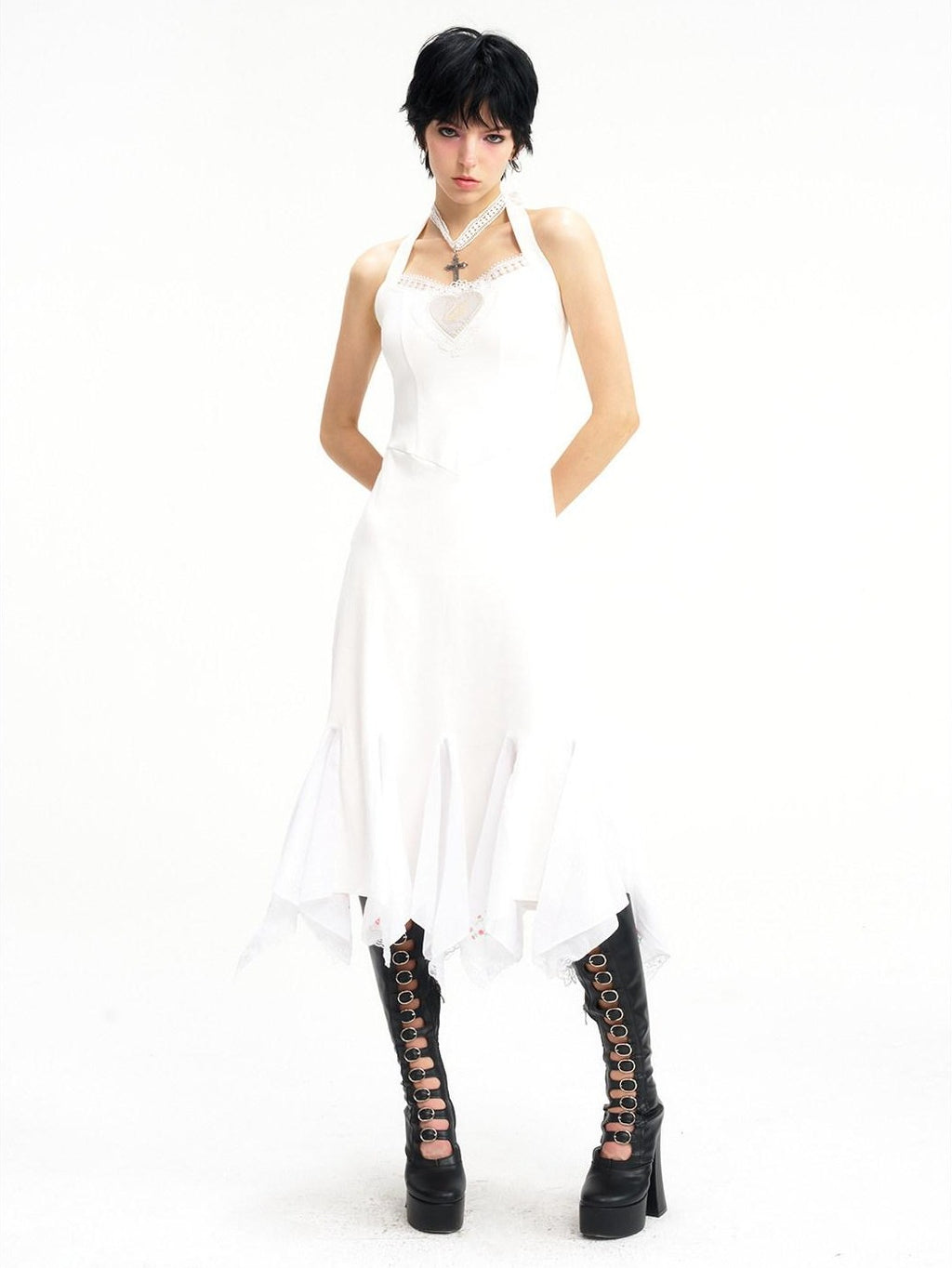 NextPassport MOF Ivory Swan Embroidery Lace Trim Ballet Hem Women's Cotton Halter Midi Dresses