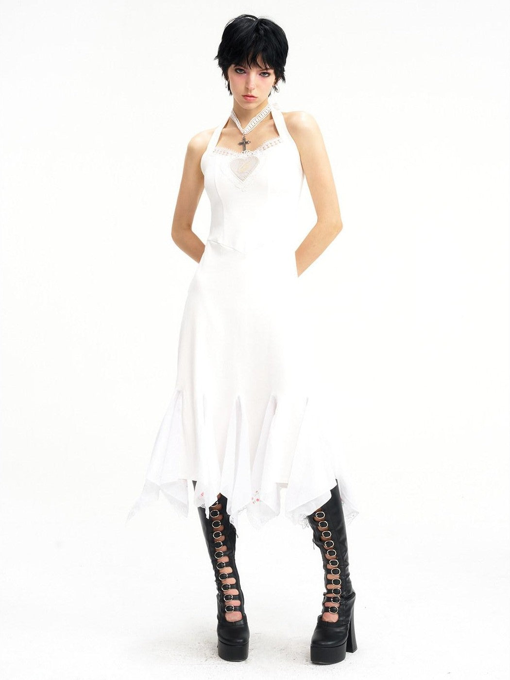 NextPassport MOF Ivory Swan Embroidery Lace Trim Ballet Hem Women's Cotton Halter Midi Dresses