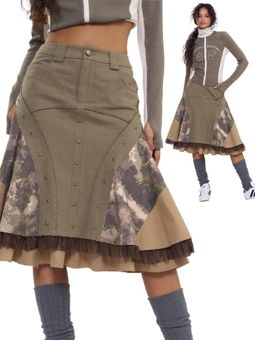 NextPassport MOF Khaki Camo Three Panel Patchwork Asymmetric Flared Women's Cotton Midi Skirts