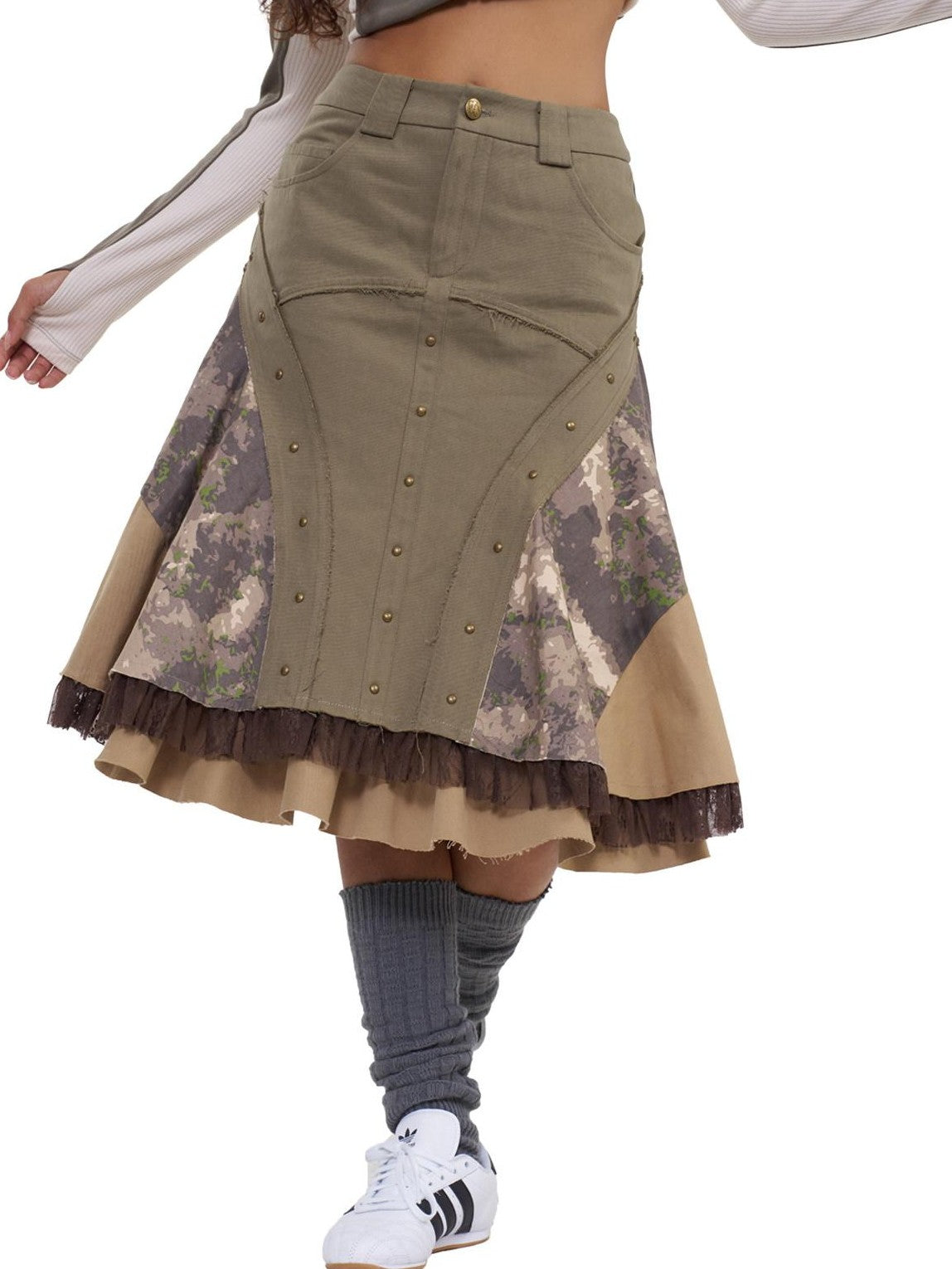 NextPassport MOF Khaki Camo Three Panel Patchwork Asymmetric Flared Women's Cotton Midi Skirts
