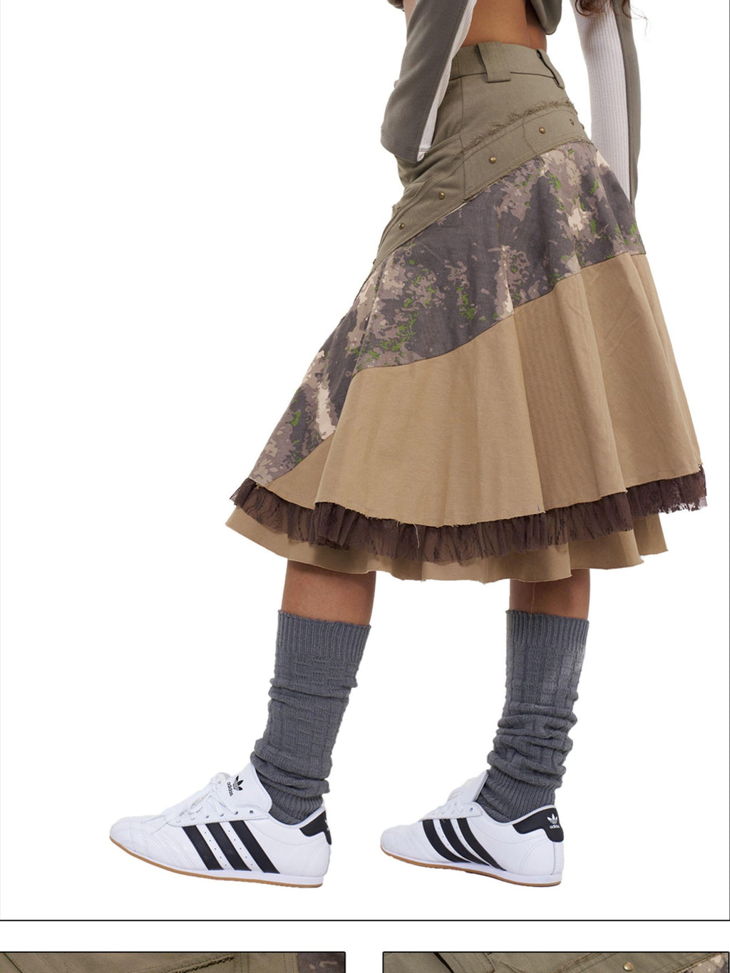 NextPassport MOF Khaki Camo Three Panel Patchwork Asymmetric Flared Women's Cotton Midi Skirts