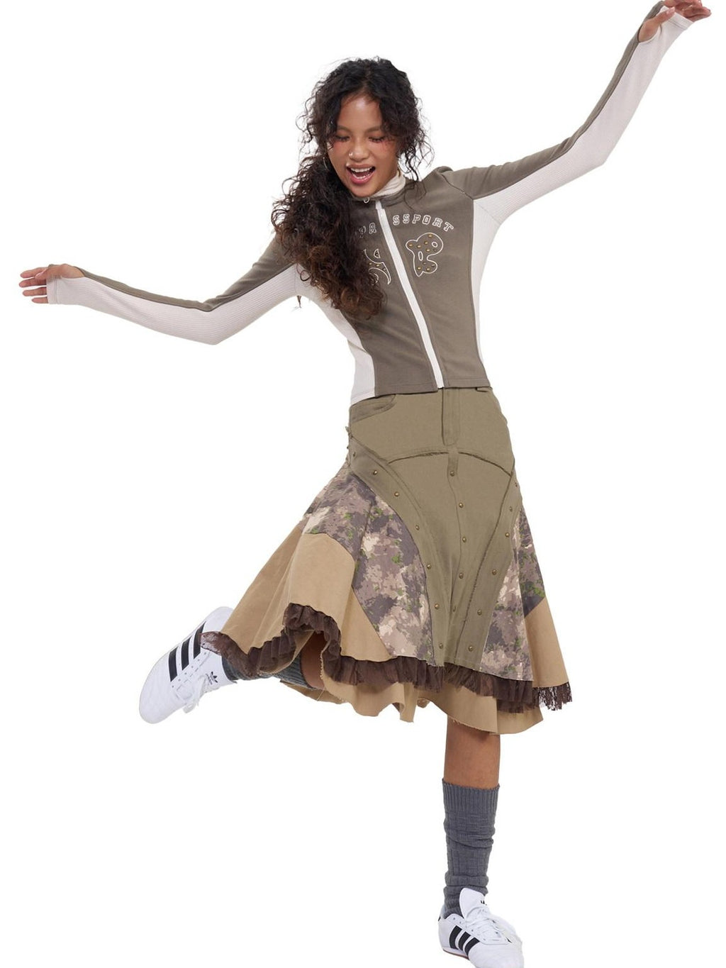 NextPassport MOF Khaki Camo Three Panel Patchwork Asymmetric Flared Women's Cotton Midi Skirts