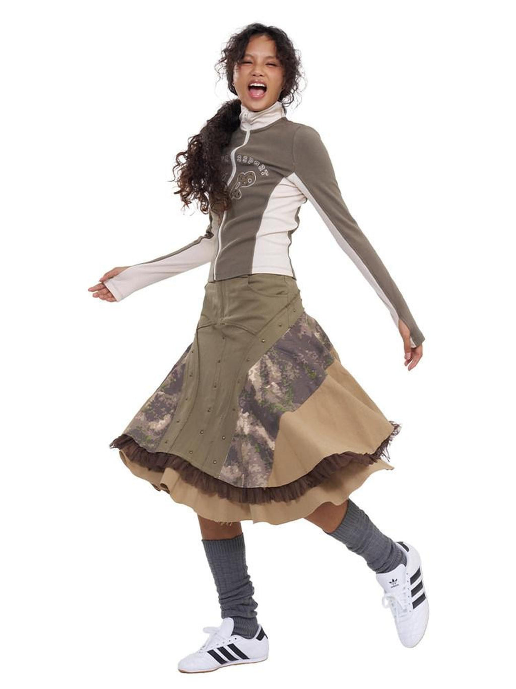 NextPassport MOF Khaki Camo Three Panel Patchwork Asymmetric Flared Women's Cotton Midi Skirts