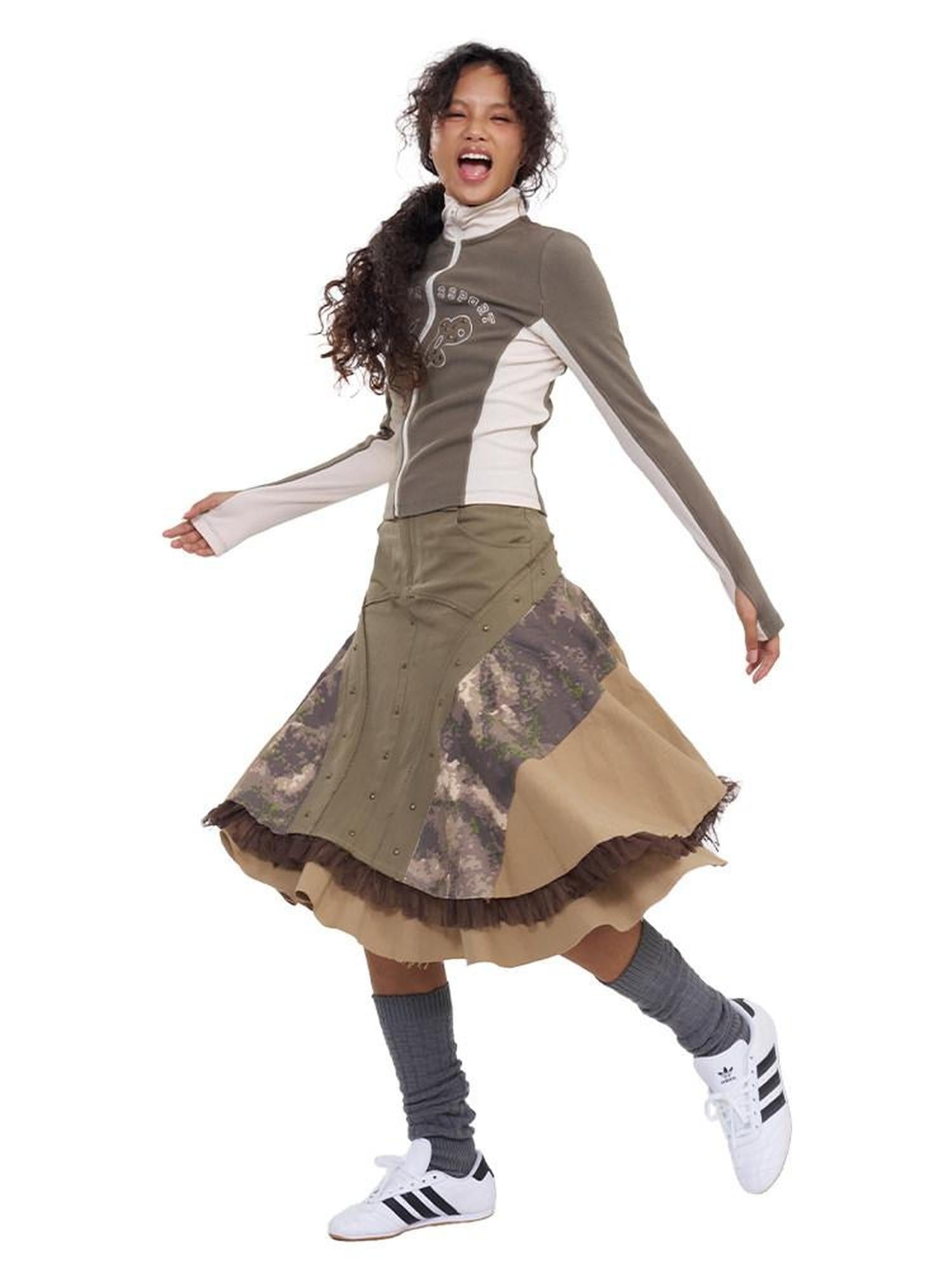 NextPassport MOF Khaki Camo Three Panel Patchwork Asymmetric Flared Women's Cotton Midi Skirts